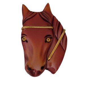 Carved Chestnut Bakelite Horse Glass Eyes Pin Brooch